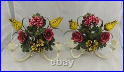 Noteworthy Pair of Italian Hand Painted Floral Metal Tole Wall Sconces 12 x 12