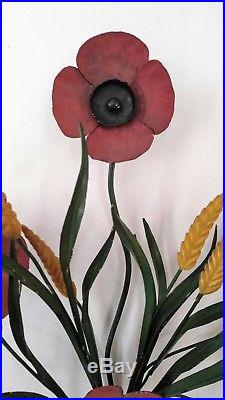 ON SALE-VINTAGE TOLE Toleware Candle Holder Wall Hanging Flowers-Poppy-Red-Wheat