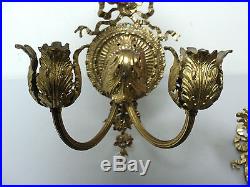 ORNATE PAIR 19th C. ANTIQUE FRENCH GILT BRONZE WALL MOUNT CANDELABRAS / SCONCES