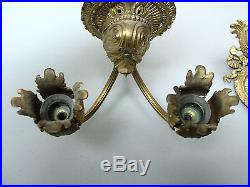 ORNATE PAIR 19th C. ANTIQUE FRENCH GILT BRONZE WALL MOUNT CANDELABRAS / SCONCES