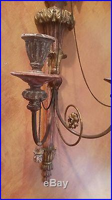OUTSTANDING & GORGEOUS ANTIQUE PAIR 25 TALL Wood WALL SCONCES 2 Candle Holder
