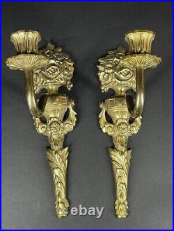Old Pair of Brass Neoclassical Leafy Floral Single Candle Wall Sconces 10-1/4