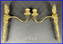 Old Pair of Brass Neoclassical Leafy Floral Single Candle Wall Sconces 10-1/4