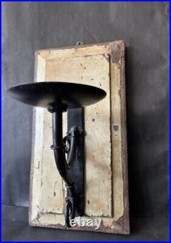 Old Vintage Hand Carved Rich Patina Wooden & Iron Wall Hanging Candle Stand