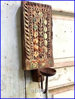 Old Vintage Rare Hand Carved Floral Wall Hanging Wooden & Iron Candle Stand