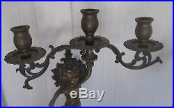 Old Vintage Solid Brass Cherub Wall Candle Sconce Holders Pair Italian Style