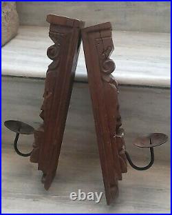 Old wooden wall hanging candle holder carved rustic wall decor iron hooks pair
