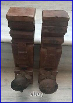 Old wooden wall hanging candle holder carved rustic wall decor iron hooks pair