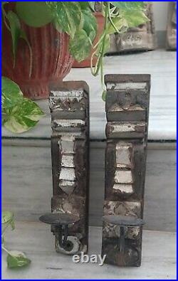 Old wooden wall hanging candle holder carved rustic wall decor iron hooks pair#1