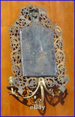 Ornate Antique Brass Wall Hanging Picture Frame Shrine w Candle Holders Sconce