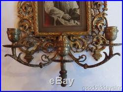 Ornate Antique Brass Wall Hanging Picture Frame Shrine w Candle Holders Sconce