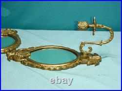 Ornate Pair Brass Candle Sconce Oval Mirror 14 x 7 Hollywood Regency Holder