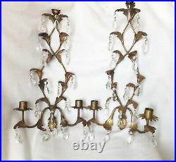 PAIRITALIAN20HOLLYWOOD REGENCY2 CANDLE HOLDER Wall SCONCES + CRYSTAL PRISMS