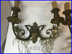 PAIR ANTIQUE ELECTRIFIED BRASS WALL CANDLE SCONCES /HOLDERS with GLASS CRYSTAL