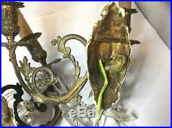 PAIR ANTIQUE ELECTRIFIED BRASS WALL CANDLE SCONCES /HOLDERS with GLASS CRYSTAL