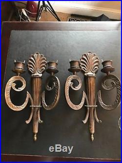 PAIR ANTIQUE LARGE BRONZE WALL SCONCE CANDLE Holder 21X10 Inch 6Lbs Ea