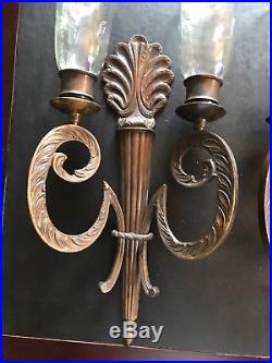 PAIR ANTIQUE LARGE BRONZE WALL SCONCE CANDLE Holder 21X10 Inch 6Lbs Ea