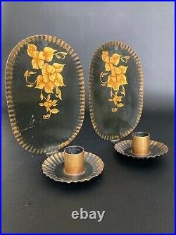 PAIR ANTIQUE Tin Tole Toleware Wall Candle Sconces with REFLECTORS Hand Painted