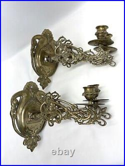 PAIR Antique Art Nouveau Brass Candle Holder Wall Sconces Victorian Deco Vtg Set