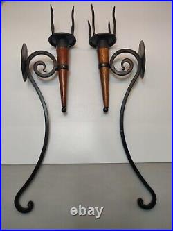 PAIR Antique Wrought Iron Gothic Medieval Style Wall Candle Holder Torch Sconce