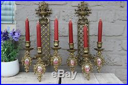 PAIR French bronze limoges medaillon porcelain wall candle holders sconces