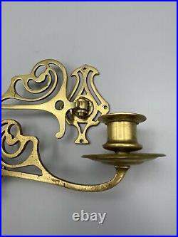 PAIR OF ANTIQUE ART NOUVEAU BRASS PIANO WALL SCONCE CANDLEHOLDERS c. 1890