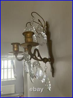 PAIR OF FRENCH ANTIQUE 3 Arm Gilt Bronze CRYSTAL WALL CANDLE Holders / Sconce