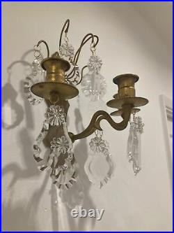 PAIR OF FRENCH ANTIQUE 3 Arm Gilt Bronze CRYSTAL WALL CANDLE Holders / Sconce