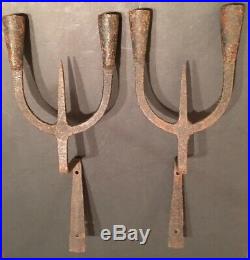 PAIR RARE 18th C OLD EARLY LIGHTING WROUGHT IRON DUAL CANDLE HOLDER WALL SCONCES