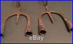 PAIR RARE 18th C OLD EARLY LIGHTING WROUGHT IRON DUAL CANDLE HOLDER WALL SCONCES