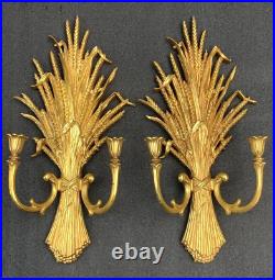 PAIR Vintage Glam Candle Wall Sconces Syroco Dart Wheat Hollywood Regency Gold