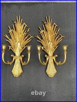 PAIR Vintage Glam Candle Wall Sconces Syroco Dart Wheat Hollywood Regency Gold