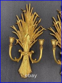 PAIR Vintage Glam Candle Wall Sconces Syroco Dart Wheat Hollywood Regency Gold