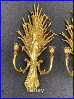 PAIR Vintage Glam Candle Wall Sconces Syroco Dart Wheat Hollywood Regency Gold