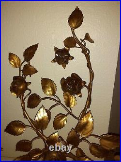 PAIR Vintage Italian Gold Gilt Metal Tole Candleabra Wall Sconce Roses & Leaves