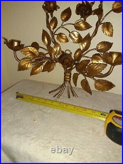 PAIR Vintage Italian Gold Gilt Metal Tole Candleabra Wall Sconce Roses & Leaves