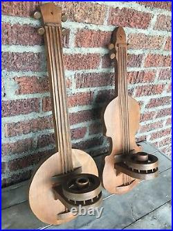 PAIR Vintage MUSIC BANJO FIDDLE American WALL Wood Candle Holder Sconces 23 25