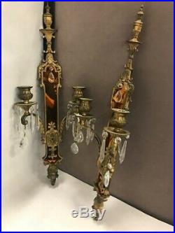 PAIR Vintage cast brass amber mirror candle holder crystal prism 28 tall wall