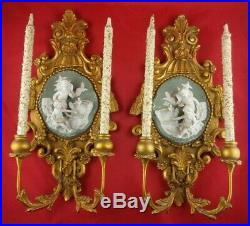 PAIR Vtg Guesso Wood Candle Wall Sconces, Glass Candlesticks, Ceramic Cherub