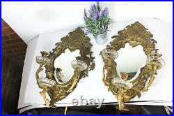PAIR antique XL 19th Bronze wall candle holders sconces mirrors glass