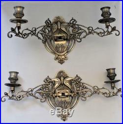 PAIR antique art nouveau bronze silver patina Piano candle holders wall 30s