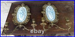 PAIR antique french faience 19thc Putti cherub plaques Wall lights candle holder