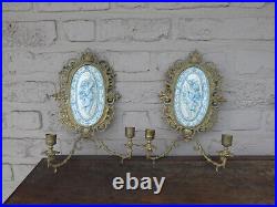 PAIR antique french faience 19thc Putti cherub plaques Wall lights candle holder