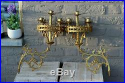 PAIR antique neo gothic dragon Church religious Wall candle holders brass n1