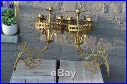 PAIR antique neo gothic dragon Church religious Wall candle holders brass n1