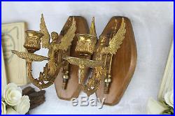 PAIR exclusive empire French brass caryatids wall candle holders wood plaque