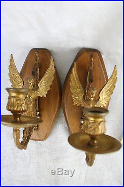 PAIR exclusive empire French brass caryatids wall candle holders wood plaque