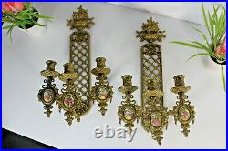 PAIR french Brass porcelain plaque fragonard limoges Wall sconces candle holder