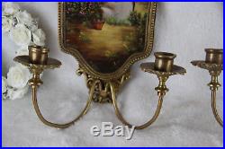PAIR gorgeous French Porcelain Limoges Plaques wall sconces candle holder putti