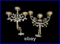 PAir antique church brass neo gothic wall candle holders 3 arm candelabra